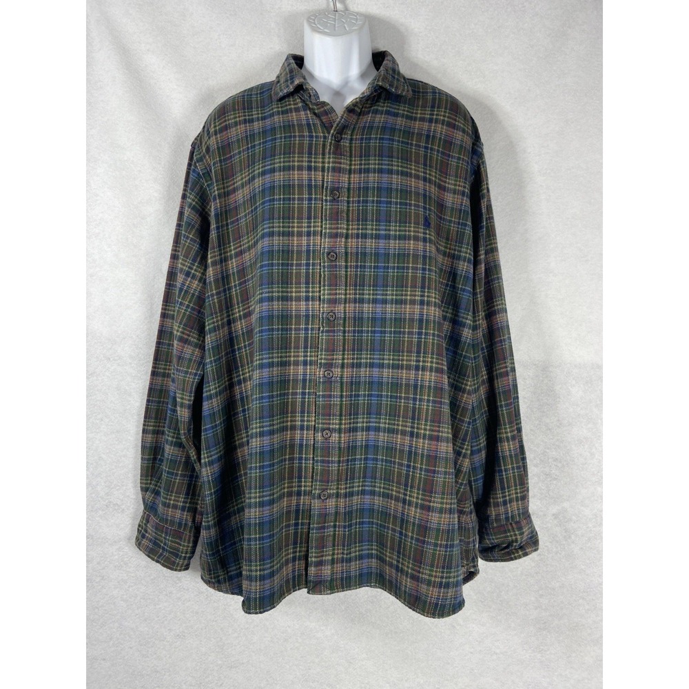 Polo Ralph Lauren Flannel Shirt Mens 2XB Green Blue Button Down Plaid Outdoor